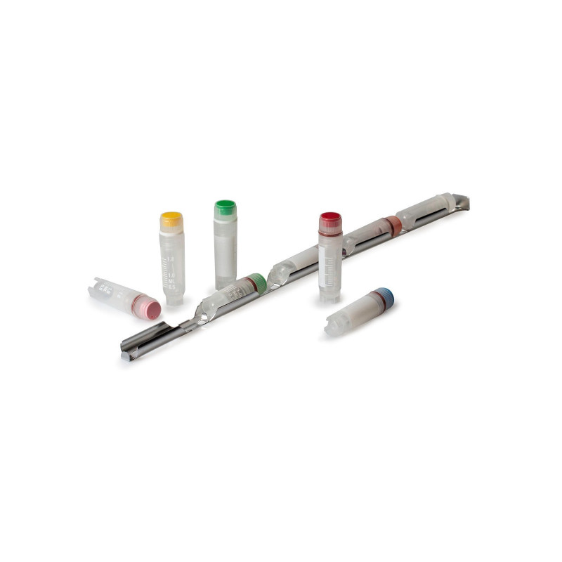 Stecca per cryovials in alluminio per alloggiare fino a 5 criovials da 1 a 2ml