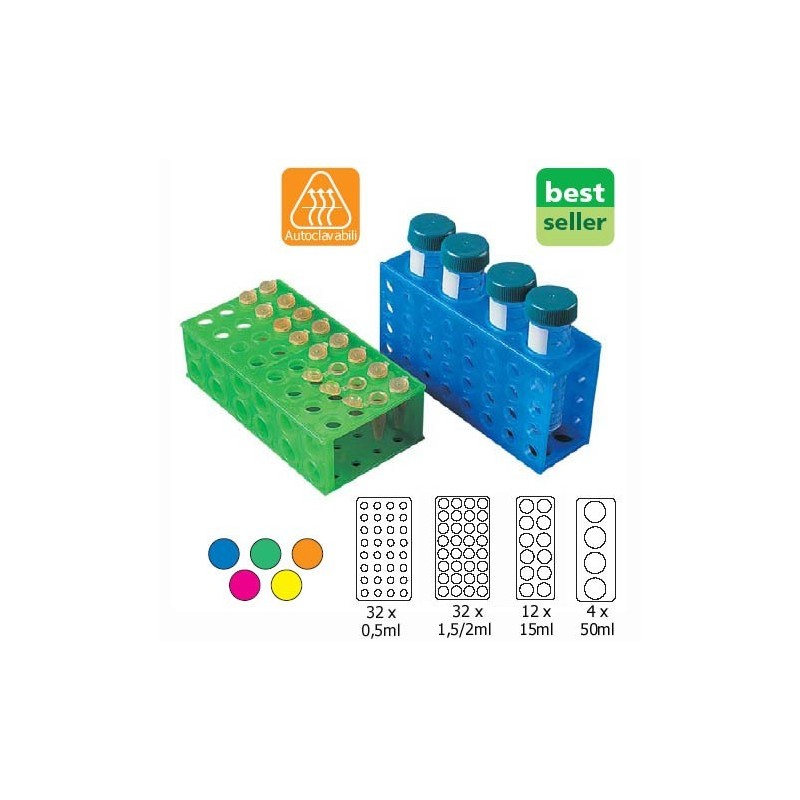 Racks four-sided. For tubes 50-15 - 1,5/2 - 0,5 ml. Assorted colors. 5 pieces 