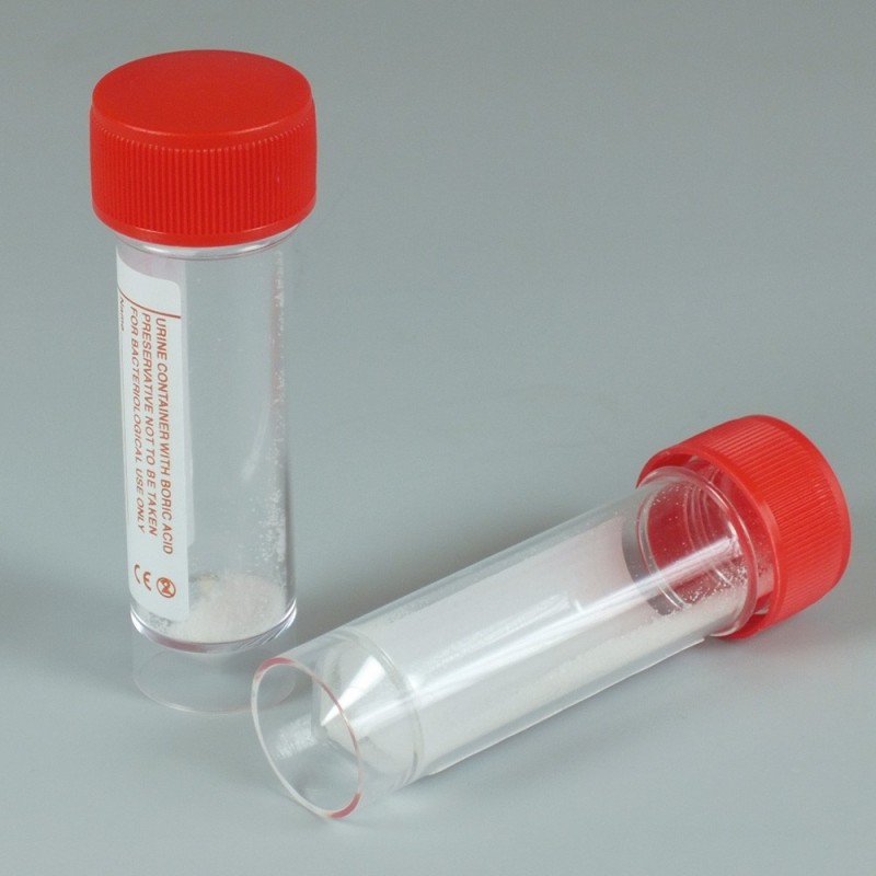 Contenitore urine con acido borico 30ml in PS con etichetta. Ø30x93mm