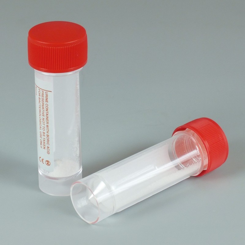 Contenitore urine con acido borico 30ml in PP con etichetta. Ø30x93mm