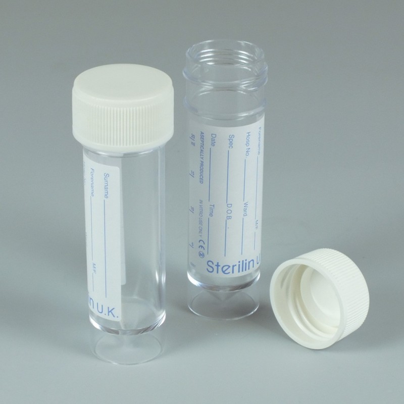 Contenitore universale 30ml in PS con etichetta stampata. Ø30x93mm
