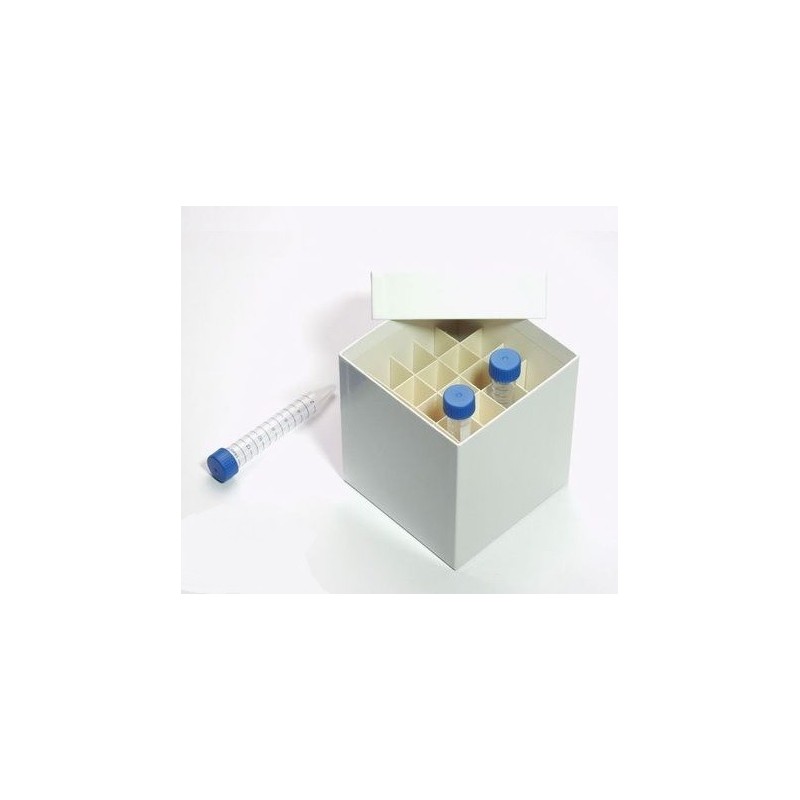 Box in cartone rivestito 122x122 con divisore 5x5&#44 bianco &#45 per provette 15ml fondo conico