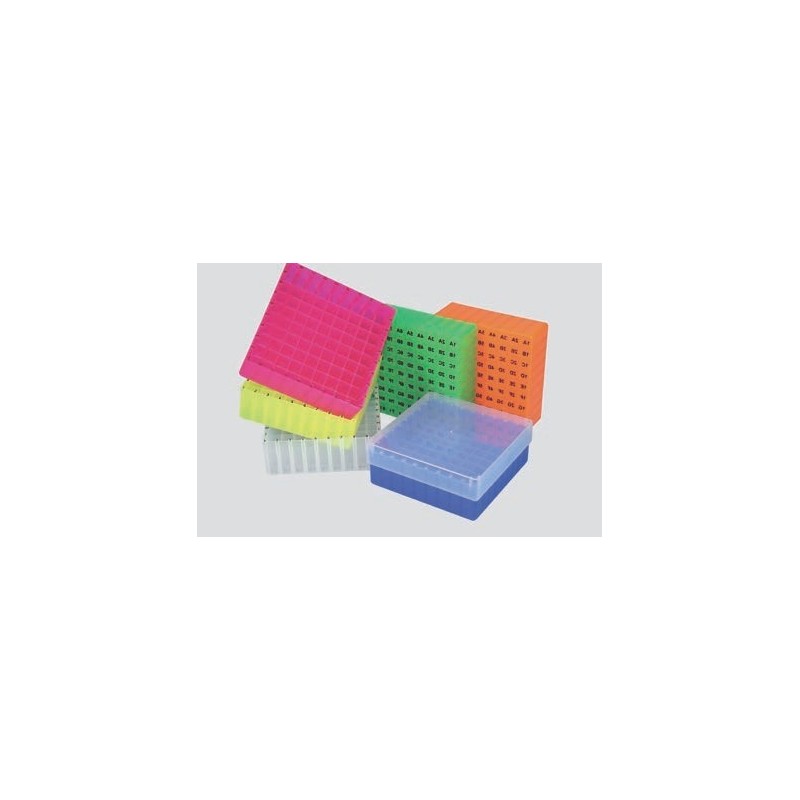 Box in PP 130x130mm. 81 posti per microtubi vial 1.5 / 2ml. Griglia alfa&#45numerica laterale e sul fondo. Nero