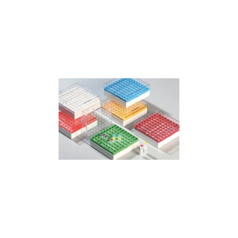 Box in PC 133x133mm 81 posti per vial da 2ml. Rosso Box in PC 133x133mm 81 posti per vial da 2ml. Rosso