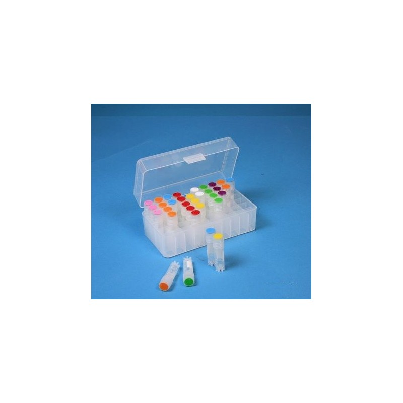 Box in PP 50 posti per microtubi / vial 1.5 / 2ml. Coperchio incernierato. Nero